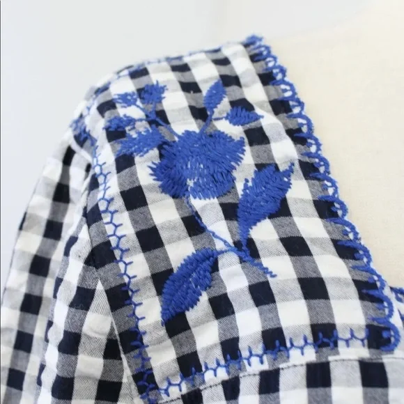 J Crew Navy White Gingham Plaid Blue Floral Embroidered Peasant Top Size Small - Picture 6 of 6